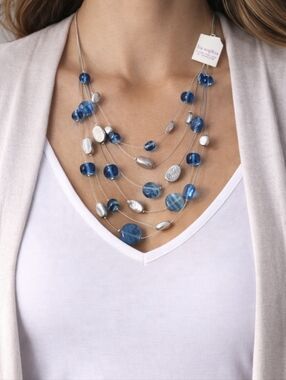 Lia Sophia Blue Multi Strand Beaded Statement Necklace Silver Tone